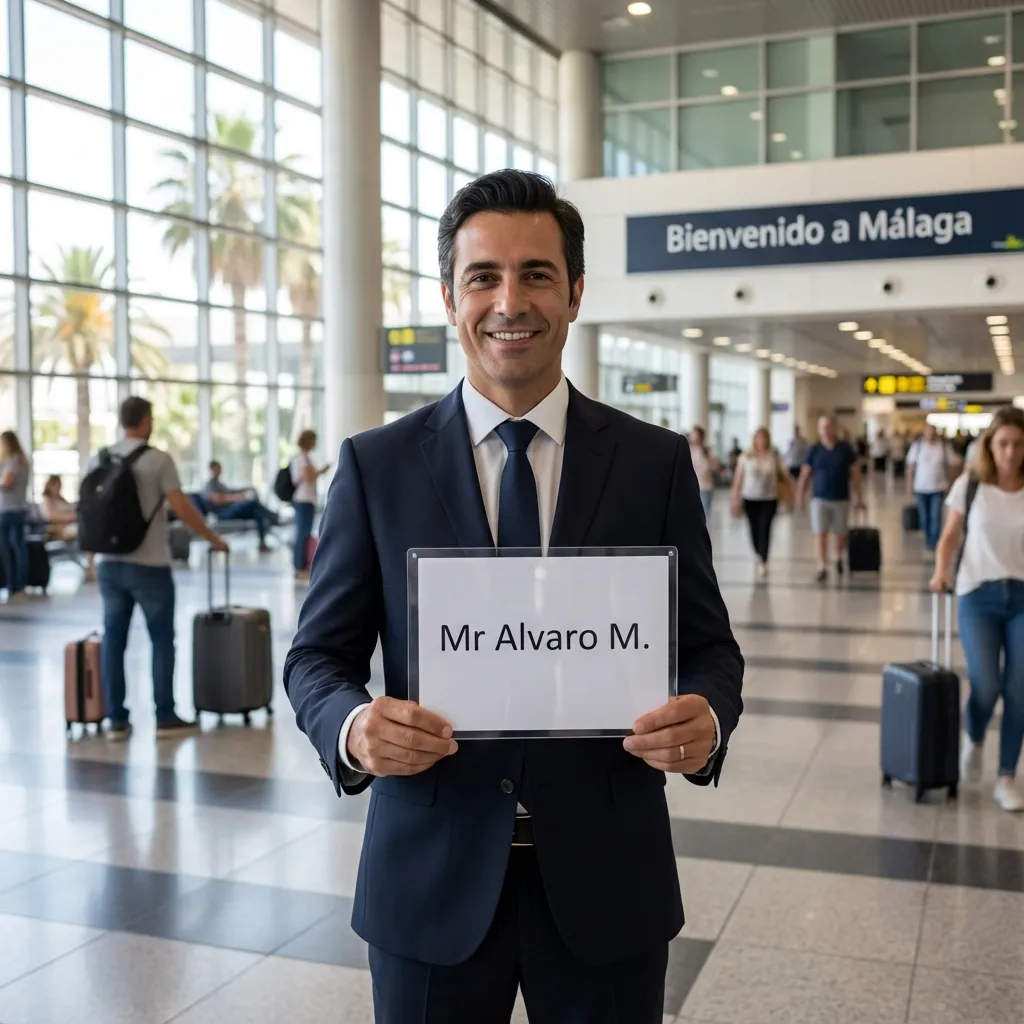 Driver waiting in the arrivals hall of Málaga Airport with a name sign